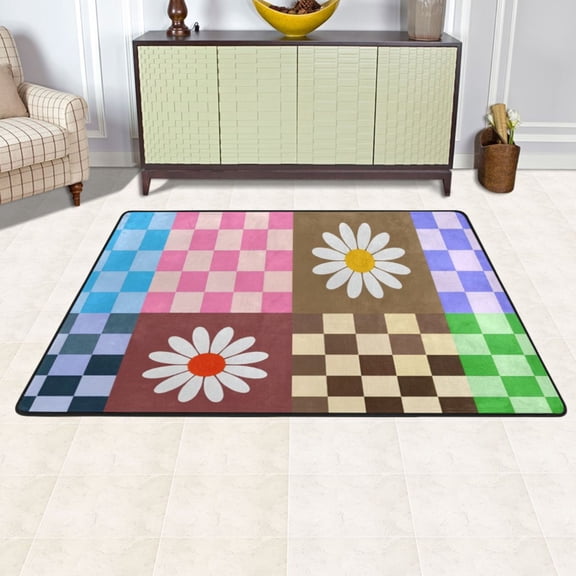 Ryvnso Checkered Flowers Area Floor Mats Large Nursery Rugs Non-Slip Carpets Doormat 72" x 48"