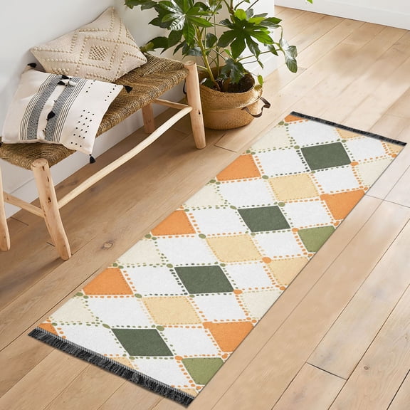 Ryvnso Checkered Grid Pattern Bedroom Runner Rug 2'x6' Hallway Area Carpet Non Slip Entryway Mat with Tassels