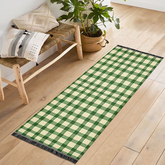 Ryvnso Checkered Grid Pattern Bedroom Runner Rug 2'x6' Hallway Area Carpet Non Slip Entryway Mat with Tassels