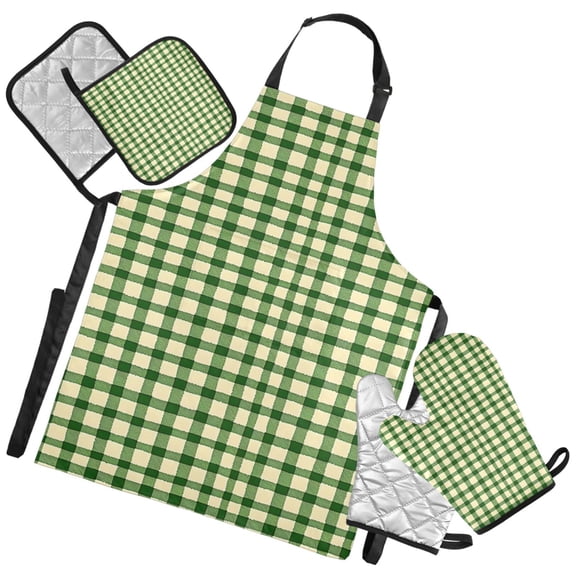 Ryvnso Checkered Grid Pattern Kitchen Apron Oven Mitts Set Pot Holders