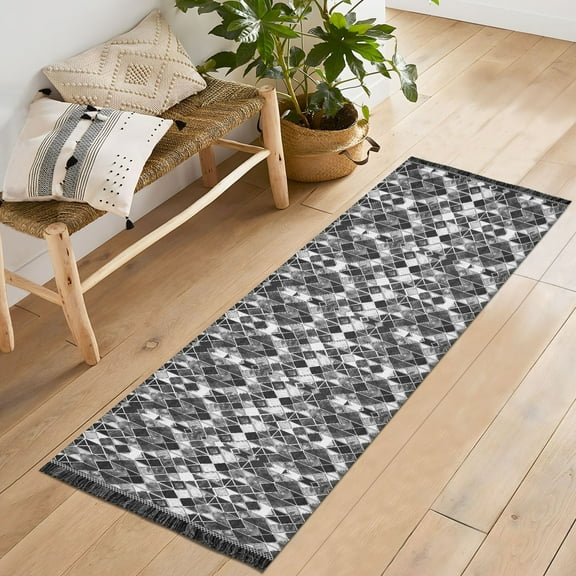 Ryvnso Checkered Grid Plaid Pattern Bedroom Runner Rug 2'x6' Hallway Area Carpet Non Slip Entryway Mat with Tassels