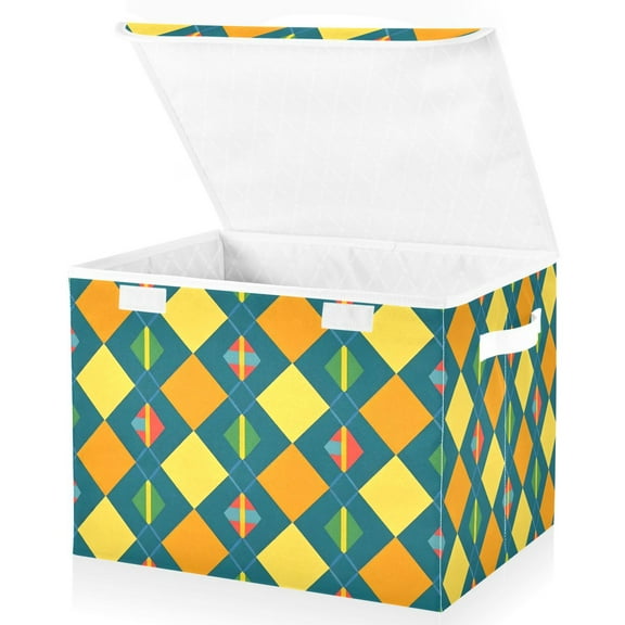Ryvnso Checkered Grid Yellow Large Lidded Foldable Storage Baskets Cubes Boxes Lids Bin for Home