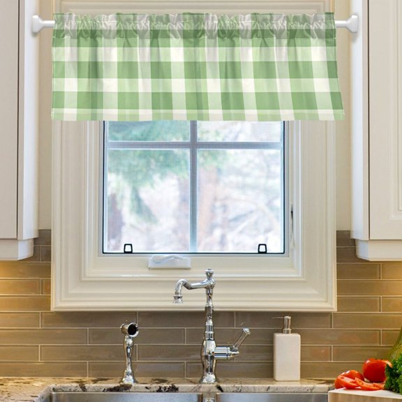 Ryvnso Checkered Pattern Green Grid Window Valance Kitchen Farmhouse Rod Pocket Short Curtain 54x18 inch