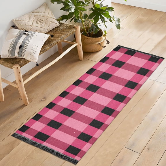Ryvnso Checkered Pink Grid Print Bedroom Runner Rug 2'x6' Hallway Area Carpet Non Slip Entryway Mat with Tassels