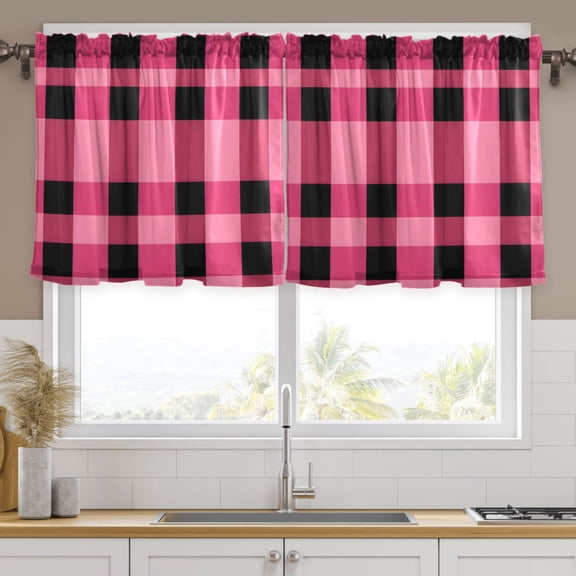 Ryvnso Checkered Pink Grid Print Curtains Sets Short Curtain Rod Pocket Half Window Cafe Farmhouse Tier 2 Panels 57"W x 24"L