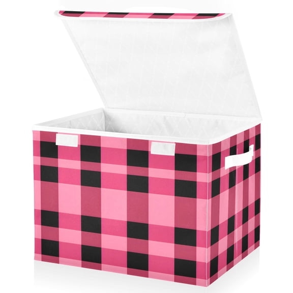 Ryvnso Checkered Pink Grid Print Large Lidded Foldable Storage Baskets Cubes Boxes Lids Bin for Home