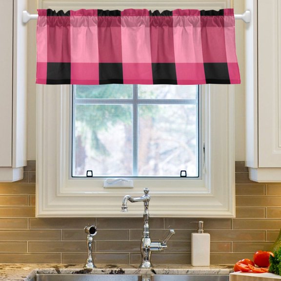 Ryvnso Checkered Pink Grid Print Window Valance Kitchen Farmhouse Rod Pocket Short Curtain 54x18 inch