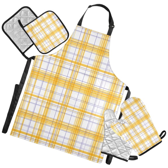 Ryvnso Checkered Plaid Print Kitchen Apron Oven Mitts Set Pot Holders