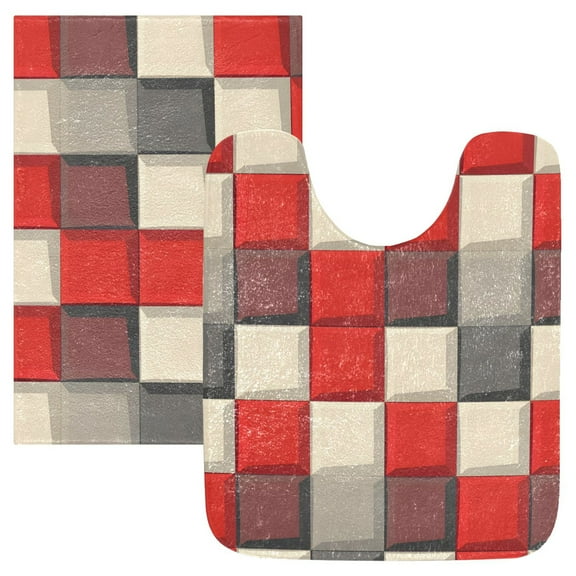 Ryvnso Checkered Red and Gray Bathroom Shaggy Rugs Toilet Mat Soft Contour Rug