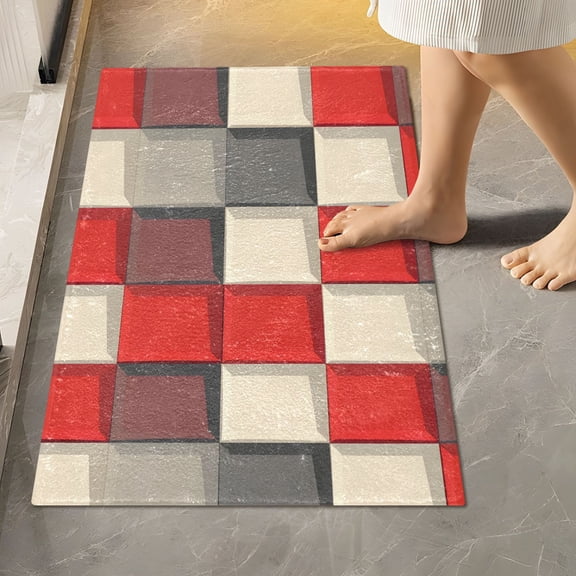 Ryvnso Checkered Red and Gray Bathroom Shaggy Rugs Toilet Rectangle Mat Soft Contour Rug 24"x16"