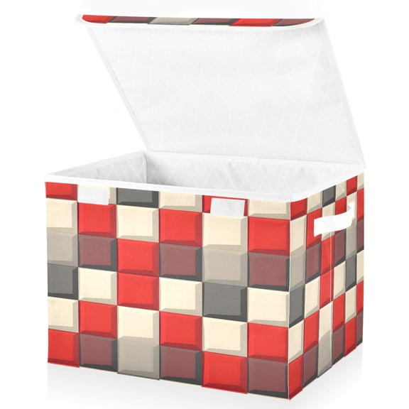 Ryvnso Checkered Red and Gray Large Lidded Foldable Storage Baskets Cubes Boxes Lids Bin for Home