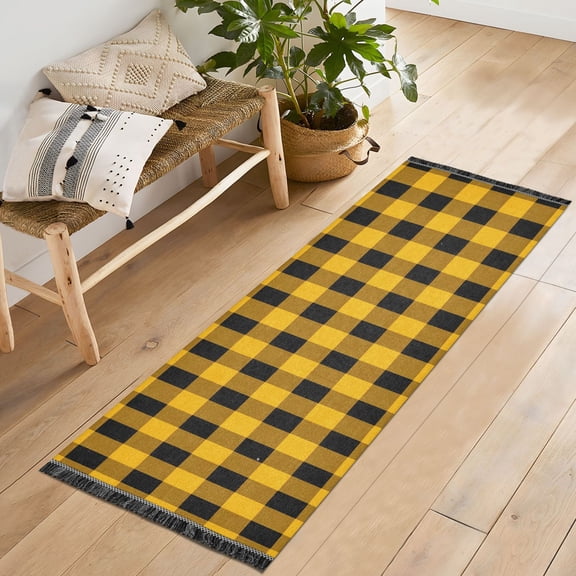 Ryvnso Checkered Yellow Grid Print Bedroom Runner Rug 2'x6' Hallway Area Carpet Non Slip Entryway Mat with Tassels