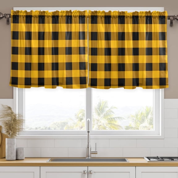 Ryvnso Checkered Yellow Grid Print Curtains Sets Short Curtain Rod Pocket Half Window Cafe Farmhouse Tier 2 Panels 57"W x 24"L