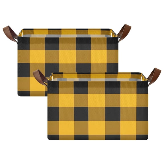 Ryvnso Checkered Yellow Grid Print Storage Bins Large Basket Foldable Cube Toys Organizer with Handles 2 PCs