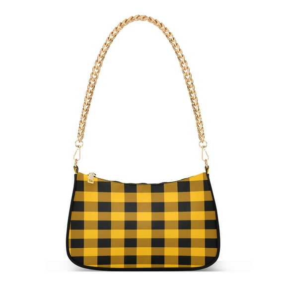 Ryvnso Checkered Yellow Grid Print Womens Chain Shoulder Bag Tote Handbags Clutch Hobo Purse with Zipper for Travel
