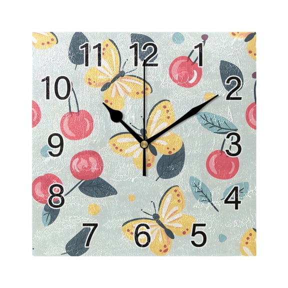 Ryvnso Cherry Butterfly and Leaves Wall Clock Square Silent Non-Ticking Battery Operated 7.78"