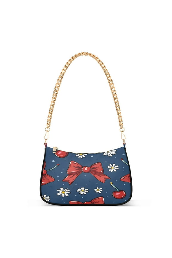 Cherry Daisy Flower and Bow Womens Chain Shoulder Bag Tote Handbags Clutch Hobo Purse with Zipper for Travel