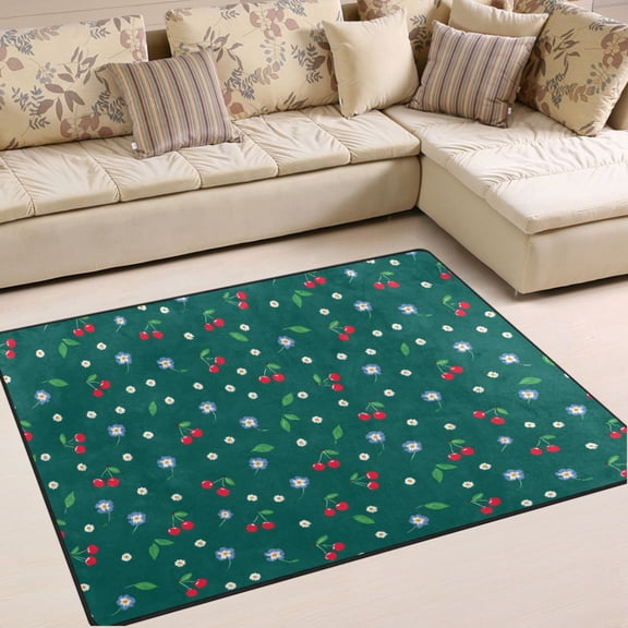 Ryvnso Cherry Floral Green Area Rug Floor Mats Non-Slip Home Carpet 80 x 58 inch