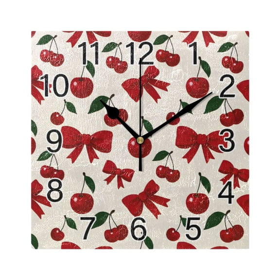 Ryvnso Cherry Fruits Bow Wall Clock Square Silent Non-Ticking Battery Operated 7.78"