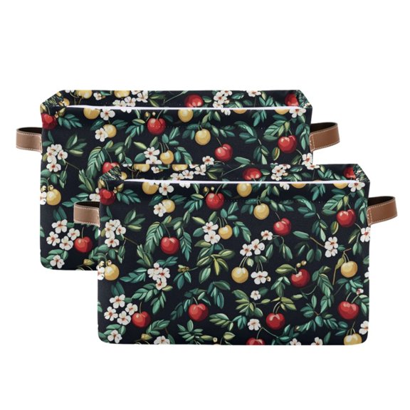 Ryvnso Cherry and Leaves Storage Basket Large Bin Foldable Boxes Toys Organizer 14.2x10.2x8.3in 2 PCs