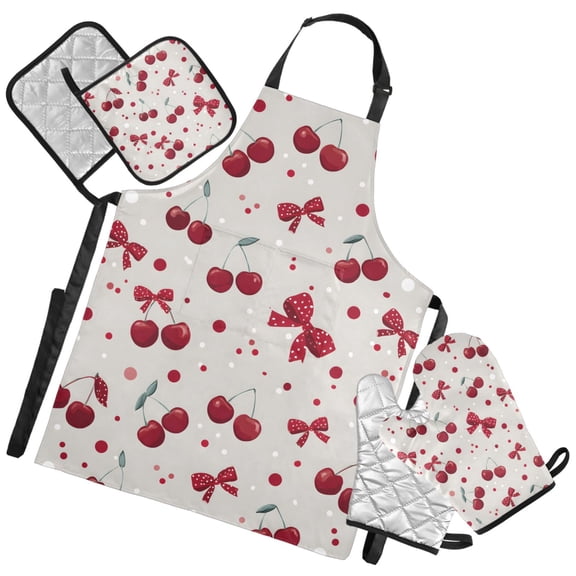 Ryvnso Cherry and Polka Dot Kitchen Apron Oven Mitts Set Pot Holders