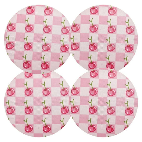 Ryvnso Cherry in Checkered Pattern Round Plate Mats Dining Table Placemat Set of 4 for Holiday Decoration