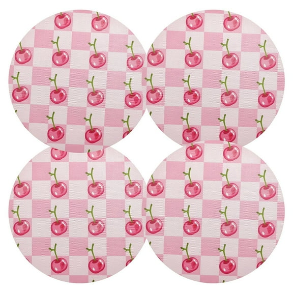 Ryvnso Cherry in Checkered Pattern Round Plate Mats Dining Table Placemat Set of 4 for Holiday Decoration