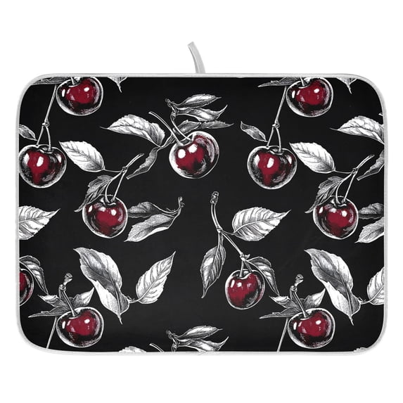 Ryvnso Cherry on Black Dish Drying Mat for Kitchen Countertop 16x18 Small Dish Pad Drainer Rack Dish Sink Mats