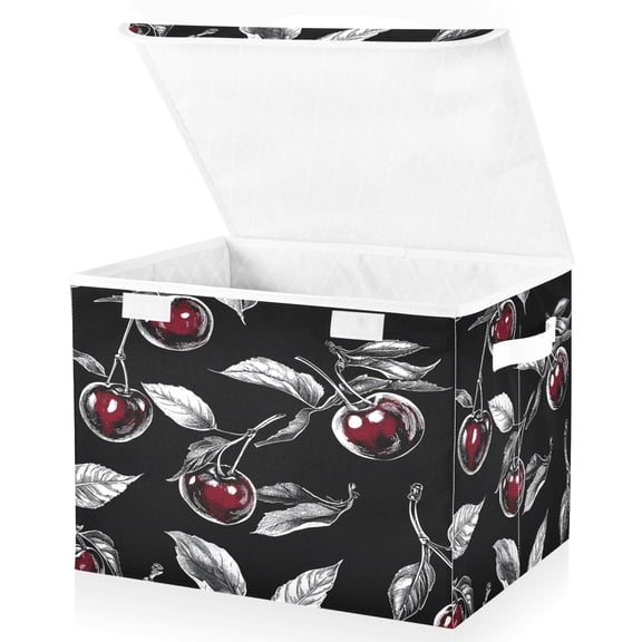 Ryvnso Cherry on Black Large Lidded Foldable Storage Baskets Cubes Boxes Lids Bin for Home