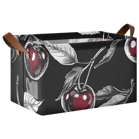 Ryvnso Cherry on Black Storage Bins Large Basket Foldable Cube Toys Organizer with Handles 1 PC