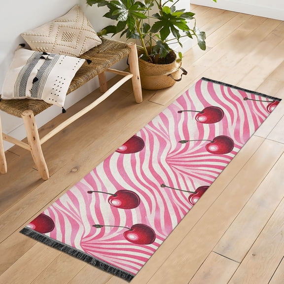 Ryvnso Cherry on Wave Bedroom Runner Rug 2'x6' Hallway Area Carpet Non Slip Entryway Mat with Tassels