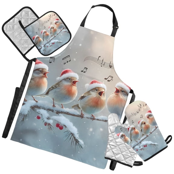 Ryvnso Christmas Birds Singing Kitchen Apron Oven Mitts Set Pot Holders