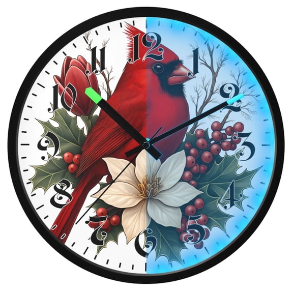 Ryvnso Christmas Cardinal Fir Berry 12 Inch Night Light Wall Clock Luminous Silent Battery Operate Clocks