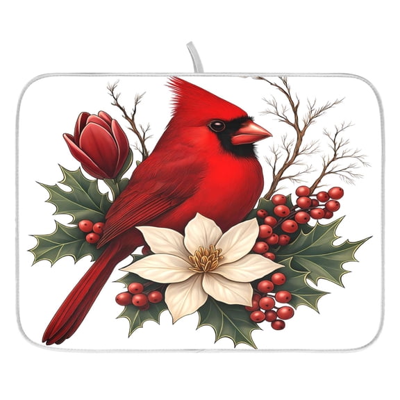 Ryvnso Christmas Cardinal Fir Berry Dish Drying Mat for Kitchen Countertop 16x18 Small Dish Pad Drainer Rack Dish Sink Mats