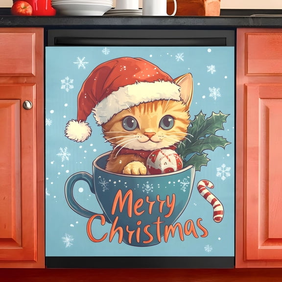 Ryvnso Christmas Cat in Cup Dishwasher Magnetic Refrigerator Magnet Cover Kitchen Home Decorative 23"x26"