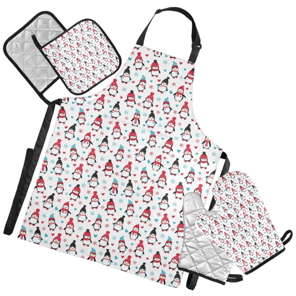 Ryvnso Christmas Cute Penguin Kitchen Apron Oven Mitts Set Pot Holders