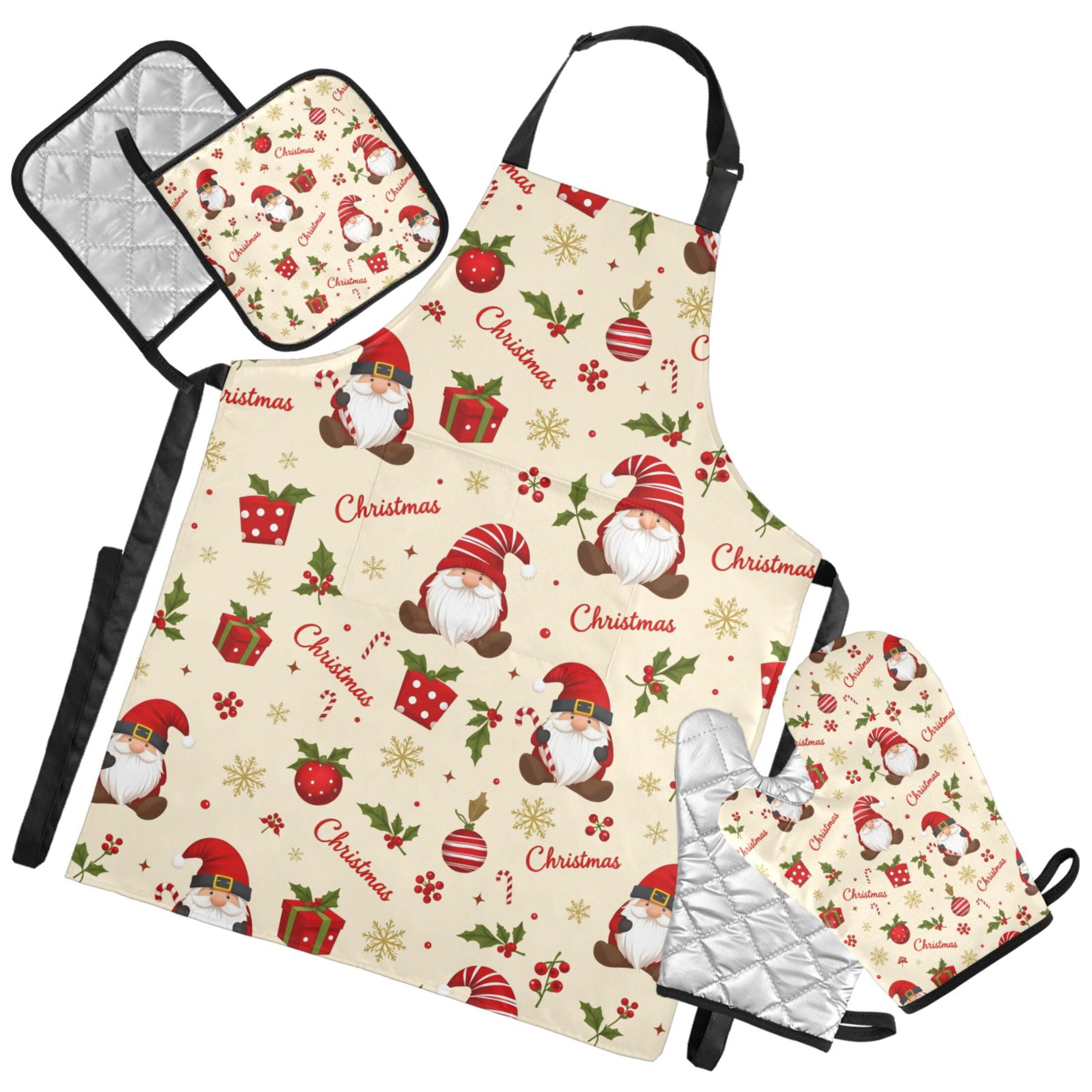 Ryvnso Christmas Gnome Snowflake Kitchen Apron Oven Mitts Set Pot Holders