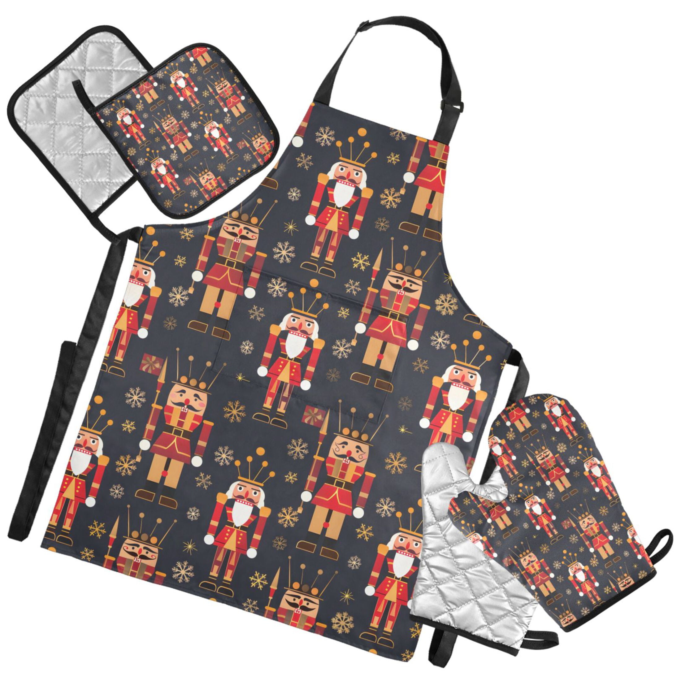 Ryvnso Christmas Golden Nutcracker Kitchen Apron Oven Mitts Set Pot Holders