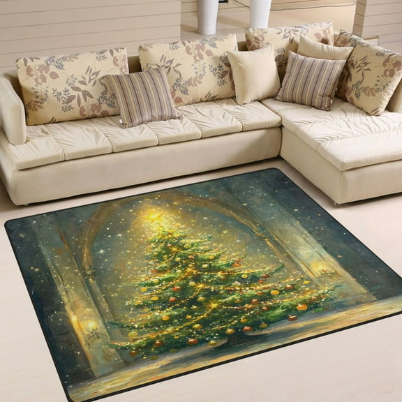 Ryvnso Christmas Golden Tree Area Floor Rugs Soft Non-Slip Large Mats Nursery Carpets 63" x 48"