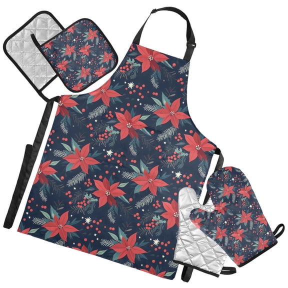 Ryvnso Christmas Poinsettias Flowers Kitchen Apron Oven Mitts Set Pot Holders