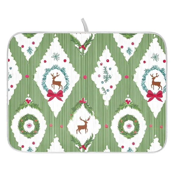 Ryvnso Christmas Reindeer and Wreath Dish Drying Mat for Kitchen Countertop 16x18 Small Dish Pad Drainer Rack Dish Sink Mats