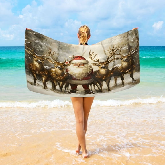 Ryvnso Christmas Santa Claus Deers in Forest Oversized Beach Towel Microfiber Bath Blankets Swimming Fitness 37" x 74"