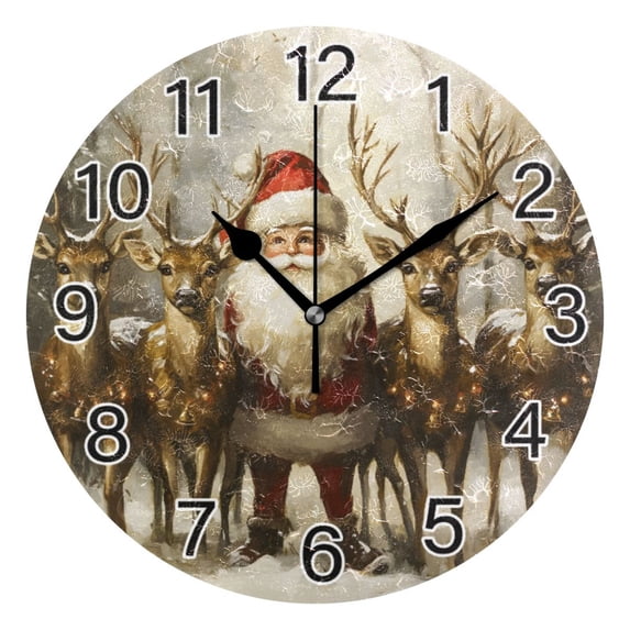 Ryvnso Christmas Santa Claus Deers in Forest Wall Clock Non Ticking Silent Kitchen Clock Battery Operated Clocks 10 inch