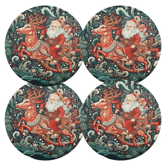 Ryvnso Christmas Santa with Deer Round Plate Mats Dining Table Placemat Set of 4 for Holiday Decoration