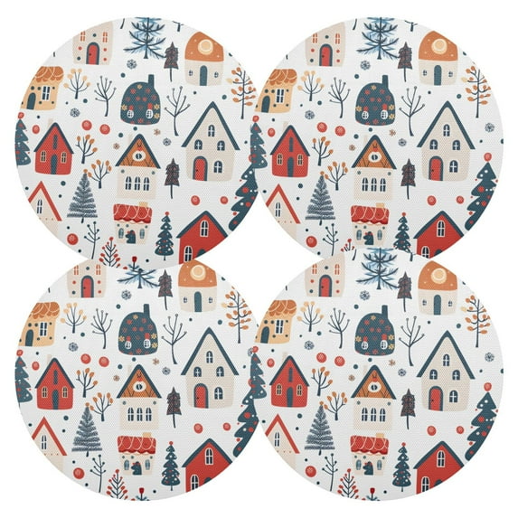 Ryvnso Christmas Snowflake Tree House Round Plate Mats Dining Table Placemat Set of 4 for Holiday Decoration