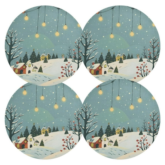 Ryvnso Christmas Snowflakes Winter Landscape Round Plate Mats Dining Table Placemat Set of 4 for Holiday Decoration