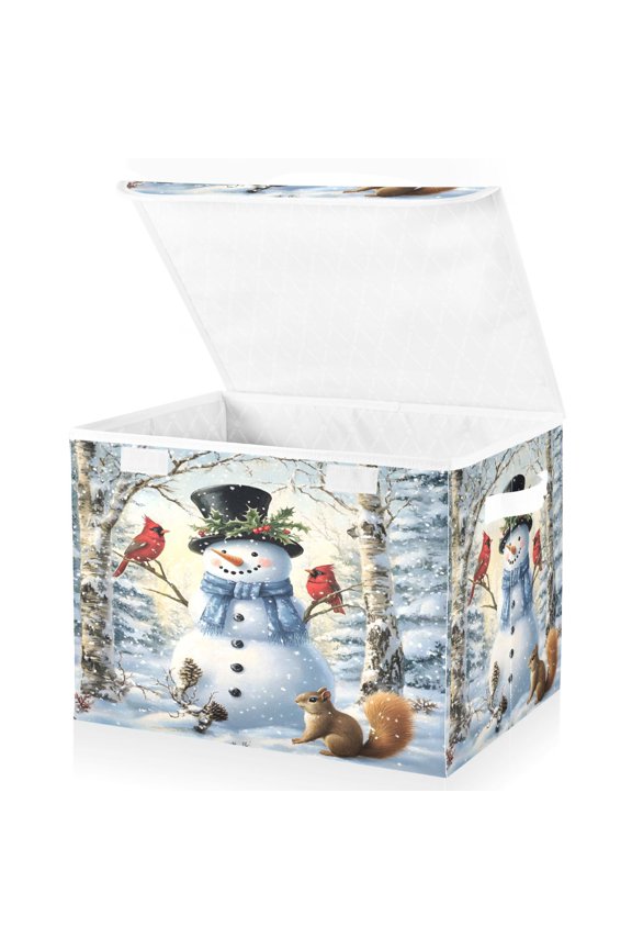 Christmas Snowman with Cardinal Large Lidded Foldable Storage Baskets Cubes Boxes Lids Bin for Home