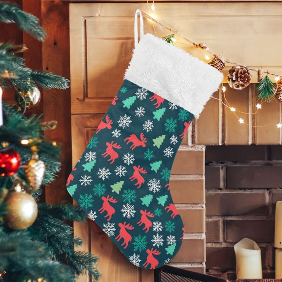 Ryvnso Christmas Stockings Elk Tree Snowflakes Reindeer 17.7" Large Stocking Decoration 1 Pack