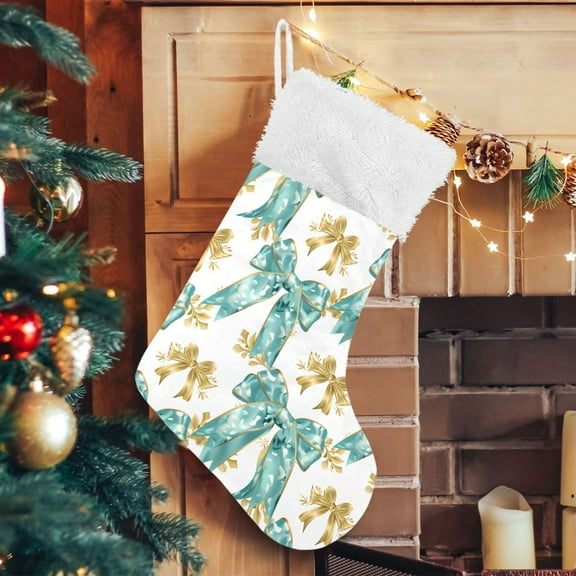 Ryvnso Christmas Stockings Green Gold Bows 17.7" Large Stocking Decoration 1 Pack