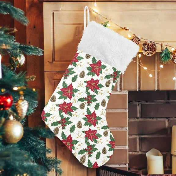 Ryvnso Christmas Stockings Poinsettias Flower Holly 17.7" Large Stocking Decoration 1 Pack